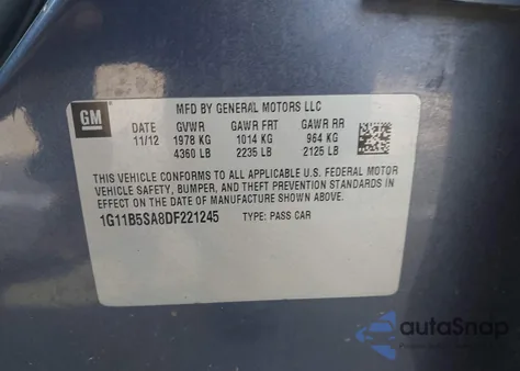 2013 Chevrolet Malibu 1Ls z USA, uszkodzony, nr VIN 1G11B5SA8DF221245